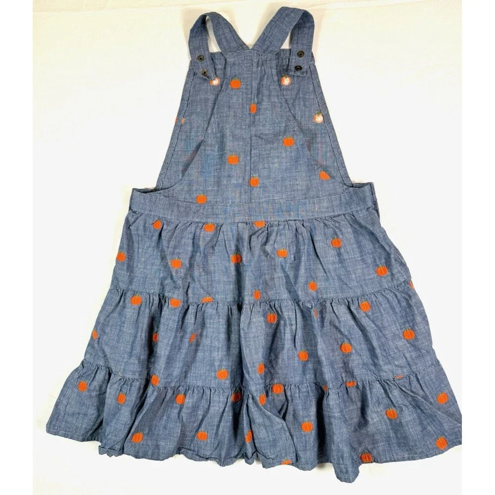 GYMBOREE Girls Chambray Pumpkin Embroidered Tiered Overall Dress 12‎ Cottagecore